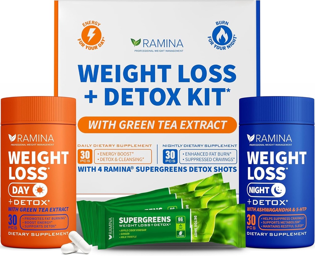 Ultimate Weight Loss Kit - 30 Day & Nighttime Detox Shots - Metabolism Booster & Appetite Control - Diet Supplemen Perempuan & Men - Fat Buretloss Pills, Fat Burner & Appetite Suppresan