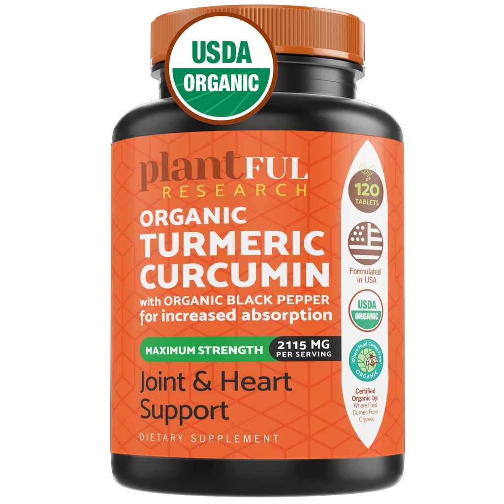 Suplemen Turmeric Organik dengan Potensi Tinggi Black Pepper USDA Disahkan [Curcumin Organik Non-GMO 21115mg] Antioksidant Gabungan & Imune Dukungan 120 Tablet