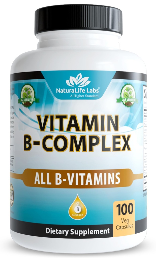 Lab Vitamin B-Complex dengan Vitamin C & Folic Acid - Termasuk B1, B2, B3, B5, B6, B9 & B12 - 100 Capsules, Vegan, Non-GMO, Gluten Bebas