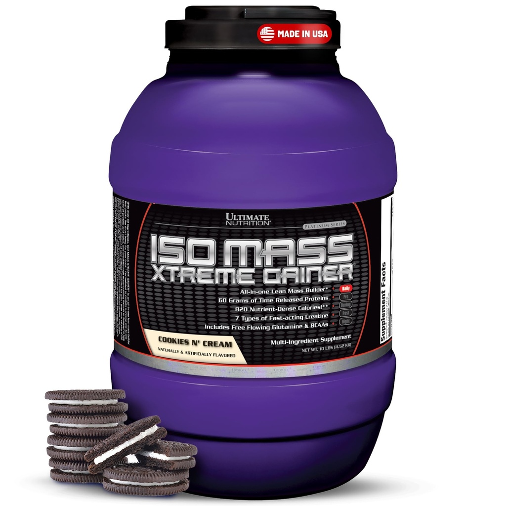 "Ultimate Nutrition ISO Mass Xtreme Gainer" - "High- Calorie Mass Gainer" dengan Creatine & Whey Isolate Protein untuk W8th Gain, Lean Muscle Mass, Persediaan Bulk "- Cookies N Cream, 10lbs