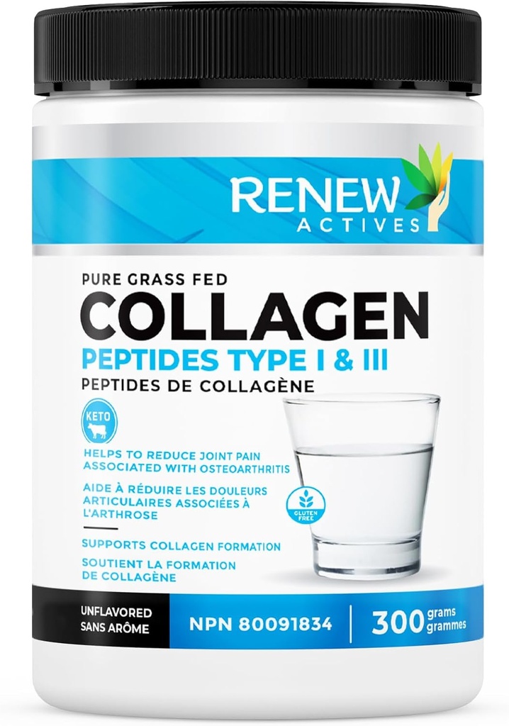 Renew Actives Hydrolyzed Collagen Peptides Powder 10G per Serving - Premium Grass-Fed Collagen untuk Skin, Joints & Hair - 9.4g Protein - Formasi Collagen & Muscle - Dibuat di Kanada