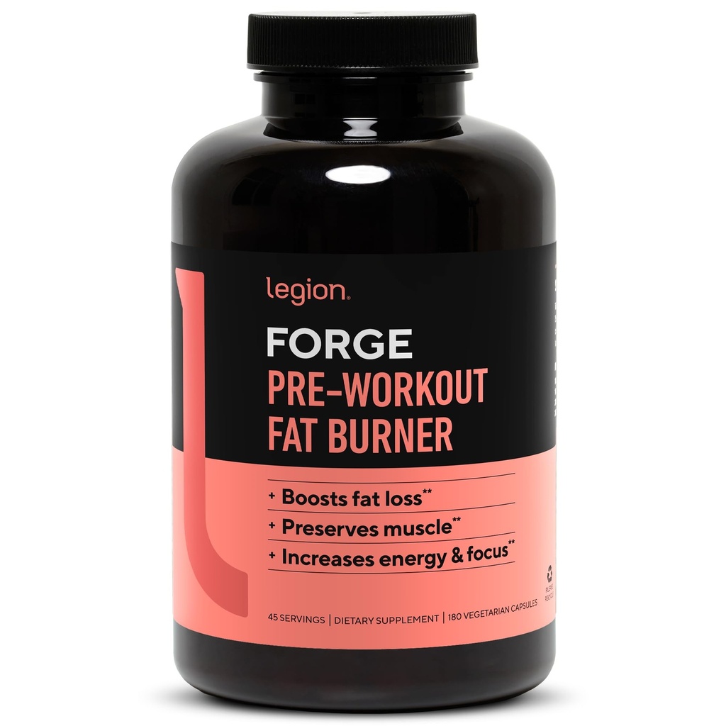 LEGION Forge Fasted Fat Burner - Thermogenic Fat Burner, Target Stomach Fat dan Trim Belly Fat dengan Yohimbe, HMB Suplemen, Choline. Semua Natural, 45 Pelayan...., 180 Count (Paket 1)