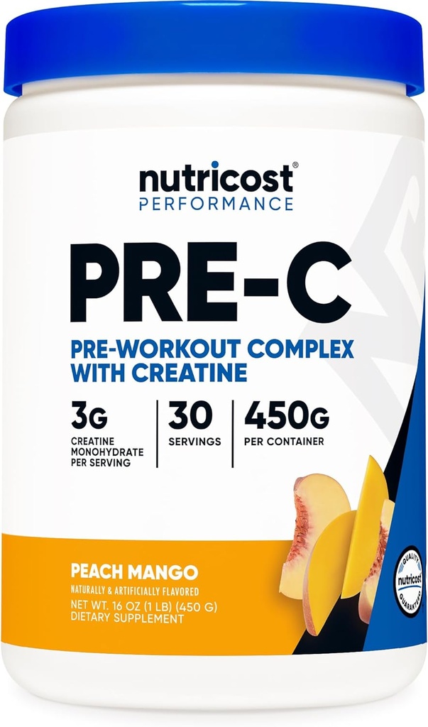 Nuttricost Pre-C Pre-Workout Kompleks dengan Creatine (Peach Mango 14; 30 Servings) Powder - Boost Finess Routines, 450g