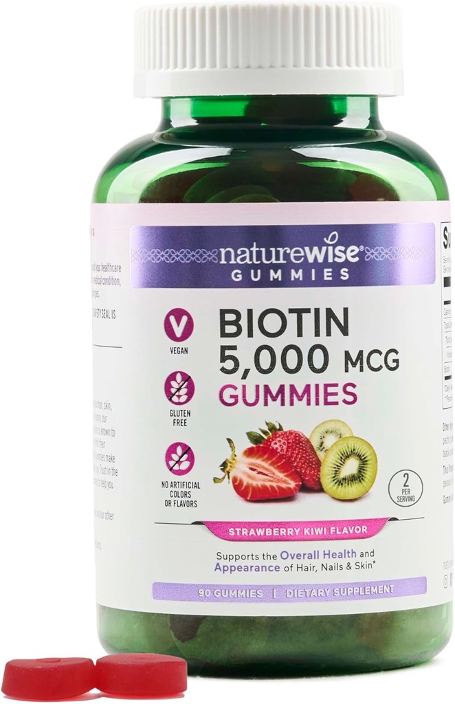 NaturreWise Biotin Gummies - Mendukung Rambut Sehat, Kulit dan Nails Kuat - Vitamin B7 5000mcg - Natural Beauty - Strawberry- Kiwi Flavor - Vegan, Non-GMO, Gluten Free - 90 Count [Pemasok Hari 45]