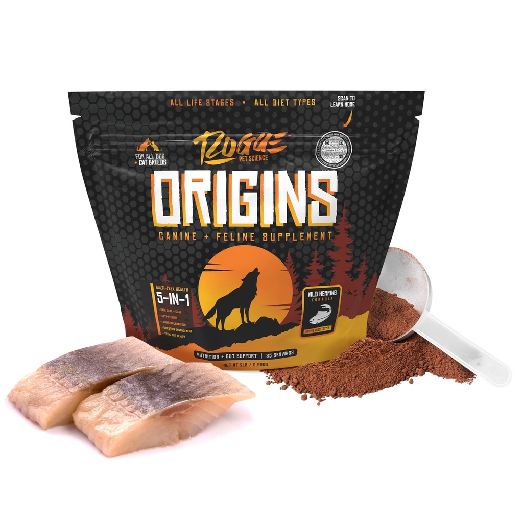 ROGUE PET SCIENCE Origins 5 -in- 1 Tambahan Anjing - Topper Makanan Berbahan / Natural Omega 3 Minyak Ikan - Pendukung Diadolve Sehat, Skin, dan Coat - Membantu Mengurangi Inflammation Ittogether (2 Lbs)