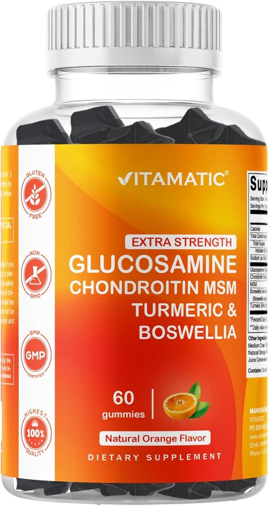 Vitamatic Ekstra Glucosamin Chondroitin Gummies dengan MSM, Turmeric & Boswellia - 60 Pectin- berbasis Gummies Advanced Dukung Formula - Sugar- Free, Non-GMO, Glatin- Free