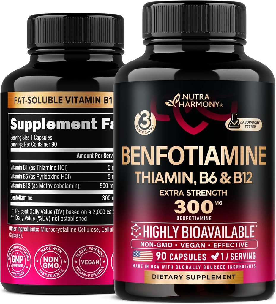 Benfotiamine 300 mg - Dukungan Nerve, Dukungan Energi & Metabolisme - Benfotiamine Tambahan Fat- Soluble Vitamin B1 - Sangat Bioavailable & Absorbable - dengan Thiamin, Vitamin B12 & BB6 - 90 Capsules