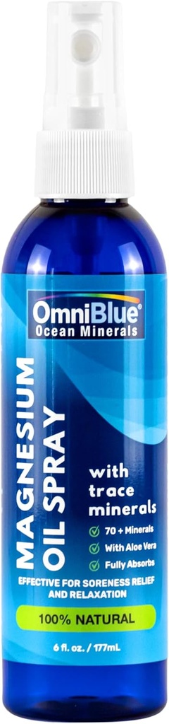 OmniBlue Magnesium & Ocean Mineral Spray- Topical, Ionic & Bioavailable Trace Mineance - Relief for Soreness, Cramps, Joints dan Tidur - Semprot Absorbs Fast, No Sting - USA Made (6oz)