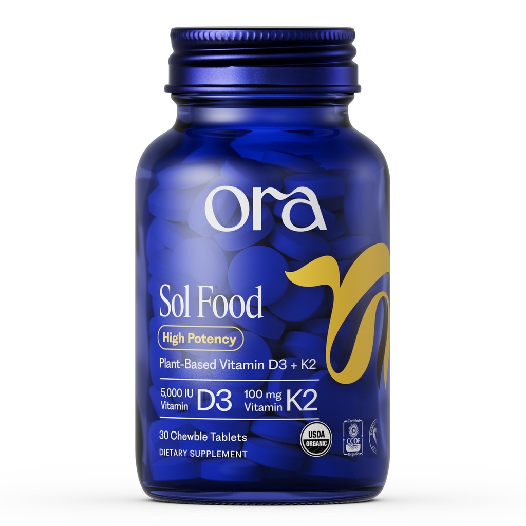 Ora Organik Vitamin D3 5000IU + K2 - Vegan Vitamin D dari Lichen dan K2 dari Chickpeas for Bone Health, Imune Dukung, & Mood, Maksimal Absorpsi - 1 Bulan Pasokan, 30 Tewable Tablets