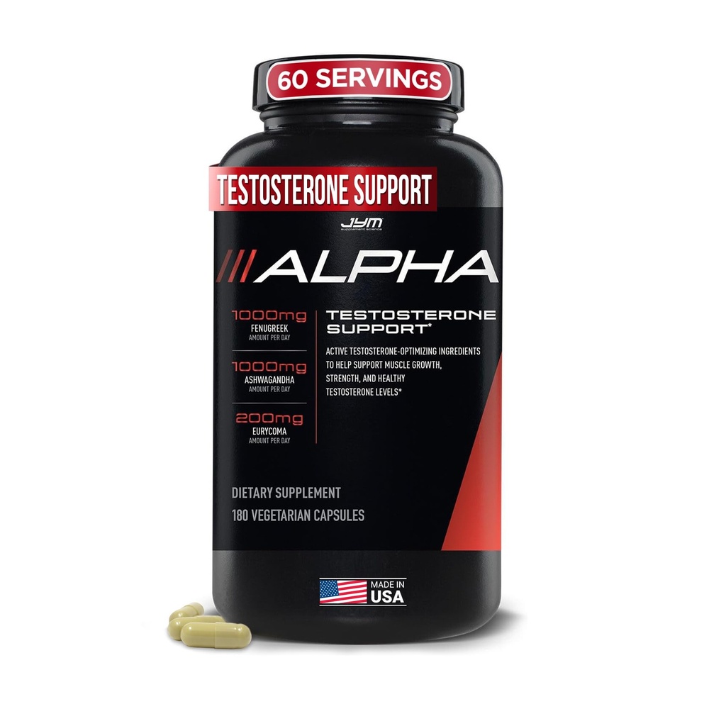 Alpha JYM Testosteron Dukung Vitalitas Pria, Hormone Optimisasi, Ashwagandha, Fenugreek, Eurycoma, Naiana, Quercetin, DIM 124; JYM Suppormental Science 124; 180 Vegetarian Capsules