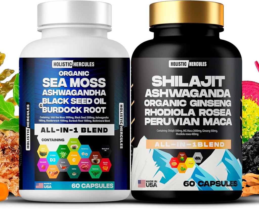 Holistic Hercules Classic Combo Bundle - Sea Moss 3000mg, Black Seed 2000mg, Ashwagandha 1000mg, Shilajit 5000mg, Panax Ginseng 1500mg, Peru Maca 2000mg, Semua dalam 1 Suplemen