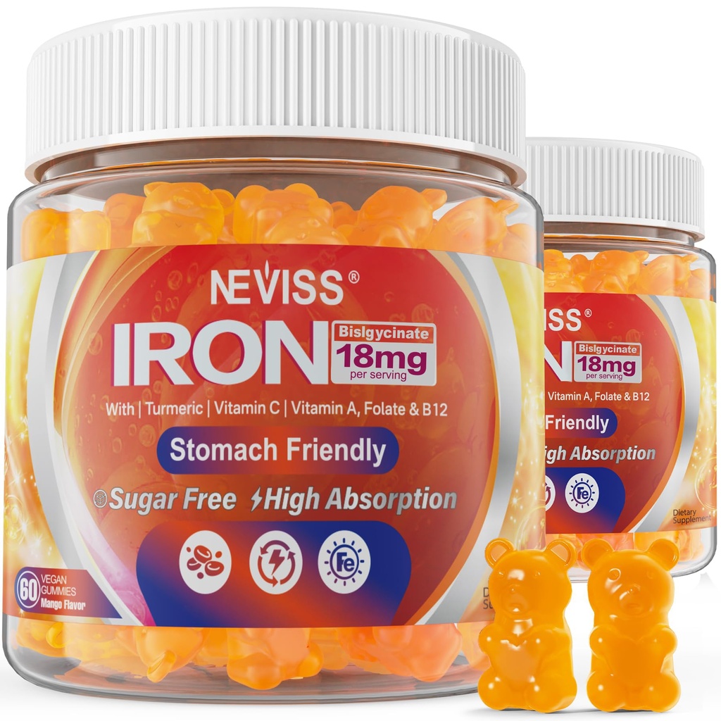 Vegan Iron Gummies Supplement with Vitamin C, B12, Folate & Turmeric - Energy & Ammune Health Health 124; Gummy Iron Bisglycinate 18mg Gentle & Nor-Constipating - Women & Men, 2 Pack
