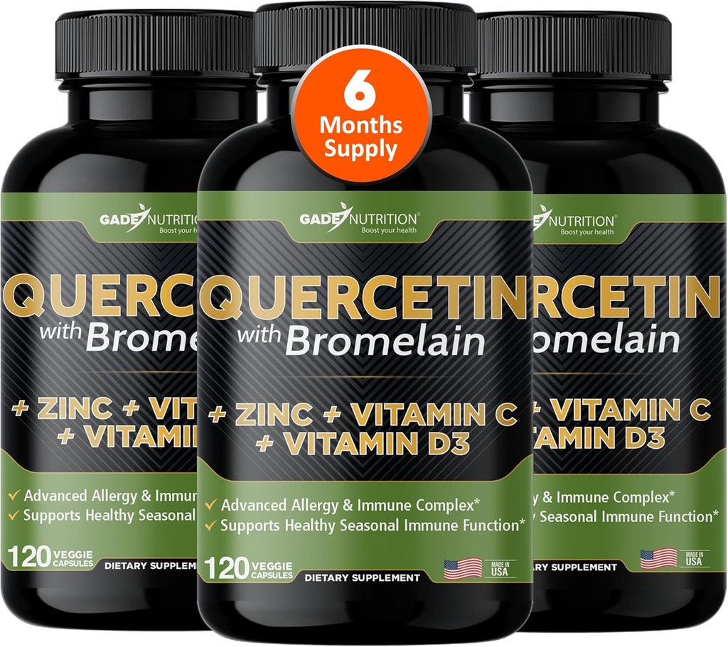 Gade Nutrition Quercetin dengan Vitamin C dan Zinc - Quercetin 500mg - Quercetin dengan Bromelain - Zinc Quercetin Suplemen + Vitamin D3 (Non-GMO, Gluten- Free, Vegan) - 6 Bulan Suppply