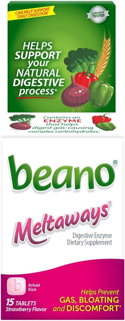 Beano Meltaways, Gas Prevention & Digeptical Enzyme Suplement, Strawberry Flavor, 15 Count