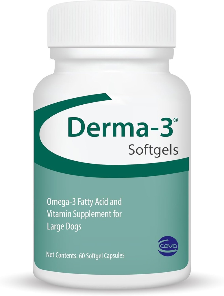 Ceva Derma-3 Softgels, Omega- 3 Acid & Vitamin Tambahan untuk Large Dogs (60 Cacah)