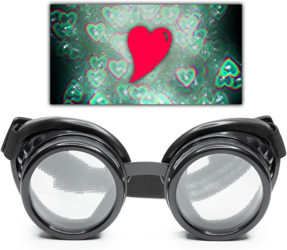 GloFX Black Heart Deffraction Goggle - See Hearts - 3D Holographic Visuals Edm Rave Outfit Steampunk Costume Cosplay Music Festival Escule