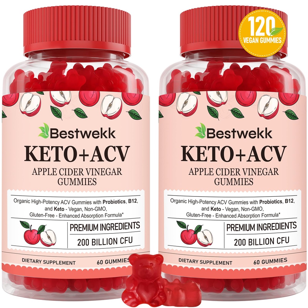 Apple Cider Vinegar Gummies, Max Kekuatan 2000mg ACV Gummy dengan Progities, B12 dan Keto Dukungan, Untuk Dicerna, Metabolisme, Detox, Gut & Imune Kesehatan, Ganatin - Bebas, Non-GMO, 120 keto acv gummies