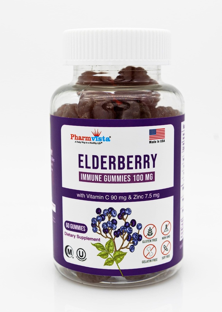Elderberry Gummies 100mg dengan Vitamin C dan Zinc - Dukungan Imune, Gluten Free Gummies dengan 7% Anthoycyanin - 60 Count