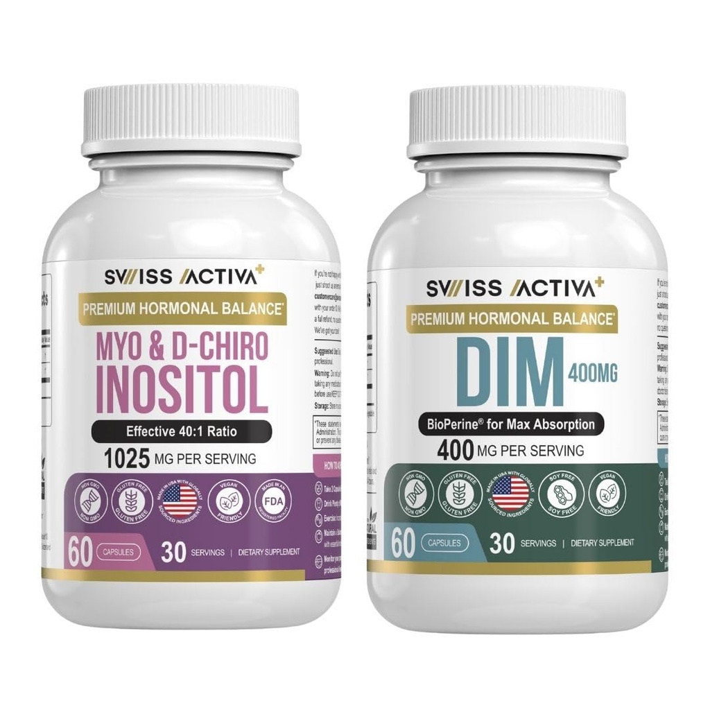Aktiva Swiss + DIM & Myo-Inositol Bundle - Hormone Balance & PCOS Dukungan untuk Perempuan - Menstrual Siklus, Mood, Estrogen, dan Kesehatan Ovarian - Supply Hari 60