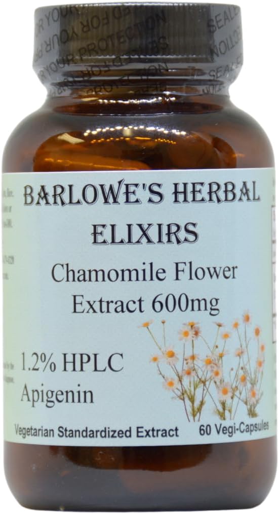 Barlowe 's Elixirs Chamomile Flower Extract 124; German Chamomile Suplement 144; Matricaria Chamomilla Chamomilla Chamomilla Chamomilla Chamorin Chamogin, 1.2% Apigenin 124; 600mg per Capsule Capsule 124; 60 Vevali Capsules 124; Stearate Free 124; Glass Bottle