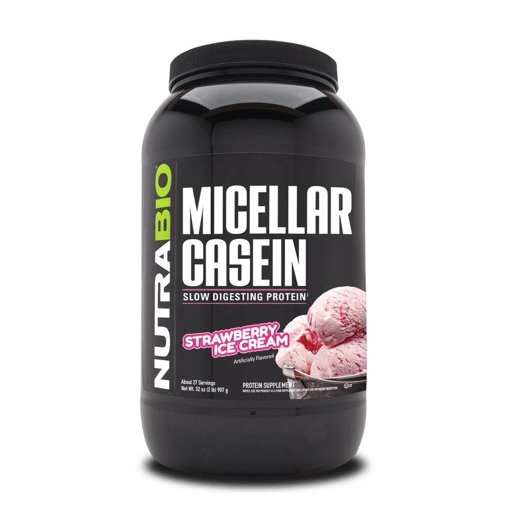 NutraBio Casein Protein Powder, Mivault Casien Powder, 25g Slow Digesting Protein, Membantu Keep You Full, Overnight Muscle Recovery & Growth, BCAA & EAA, Gluten Free, Soy Free, 2lb Strawberry Ice Cream