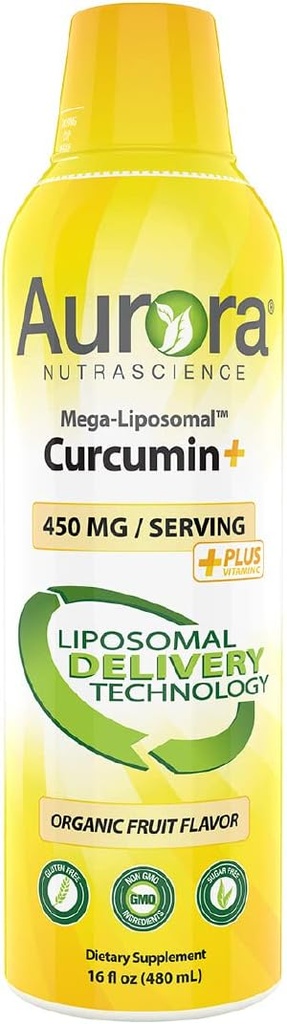 Aurora Nutrasains Mega- Lipomal Curcumin + Vitamin C dengan CurcuVail, Support Healthy Joints, Muscles, GI Trakte, and Brain Fungsi, Organik, Non-GMO, 32 Servings, 16 fl oz