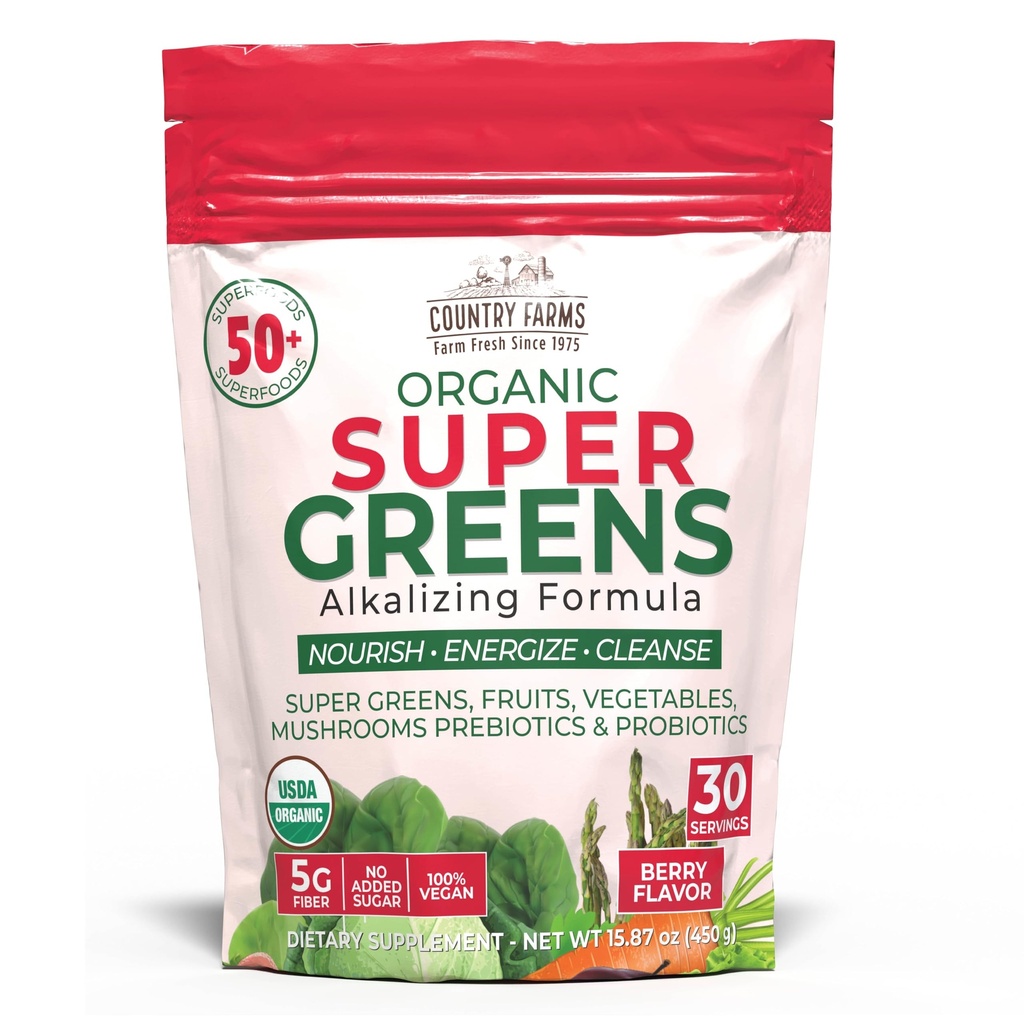 Country Farms Super Greens Berry Flavor, 50 Organic Super Foods, USDA Organic Drink Mix (Ganja Grass, Spirulina, Chlorella) Mushrooms & Programs, dengan Fiber, Gut Health, Natural Energy, 30 Servings