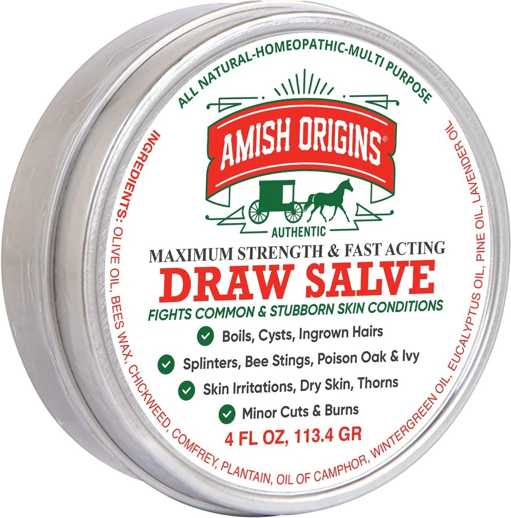 Amish Origins Drawing Salve Oquer, 4 oz Maximum Preacting Draw Salve for Splinters, Boil, Bee Stings, Cyst, Anti Itch Cream, Dibuat di USA