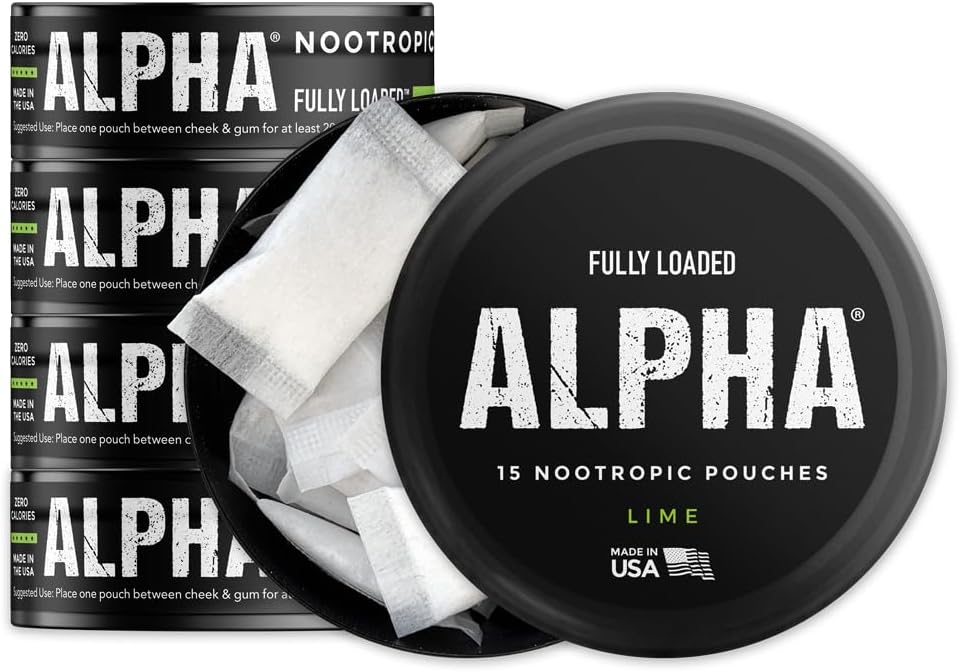 Fully Loaded Alpha Nootropic Pouches (Lime) - 5 Cans - 15 Pouches per can - Effective Nootropic Delivery, Nig Pouch Replacement - Lebih cepat Absorpsi, Alpha GPC, L-Tyrosine, GABA