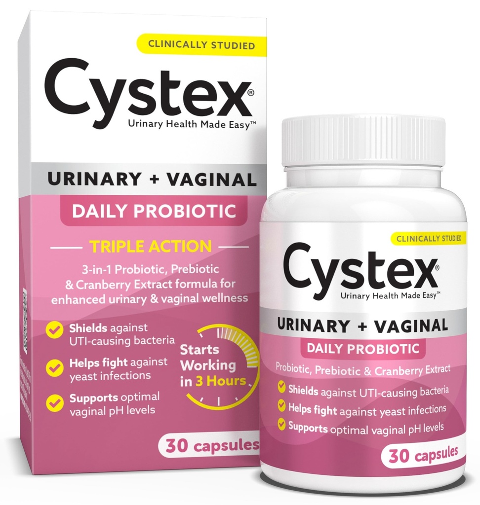 Cystex 3-in- 1 Probiotik Tract Uriner for Women - Fast-Acting UTI & Yeast Infeksi Dukungan dengan Prebiotik, Progren, & Cranberry - Mendukung Vaginal pH & Flora Keseimbangan - 30 Kapsul