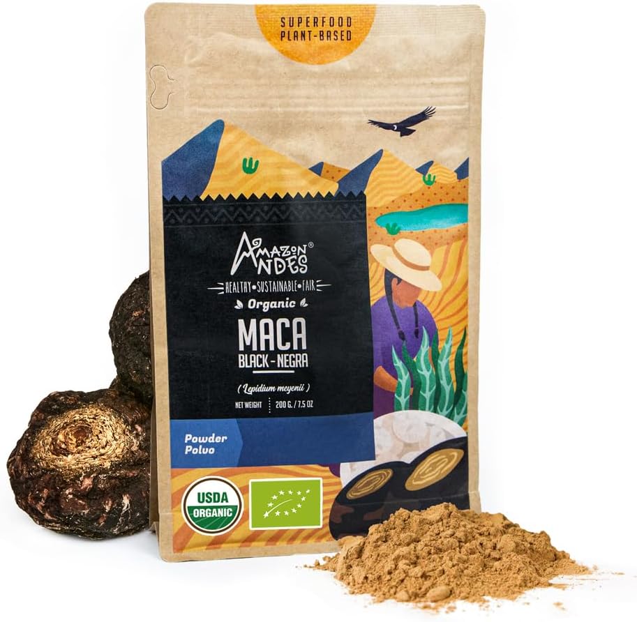Andes Black Maca Root Powder (Lepidium Meyenii) - mengandung Carbohydrates & Mineral - Adaptogen superfood & Health Promoter - Gagatinized, Vegan, Non- GMO & Allegen- free - 7 Ounce (40 Pelayan)