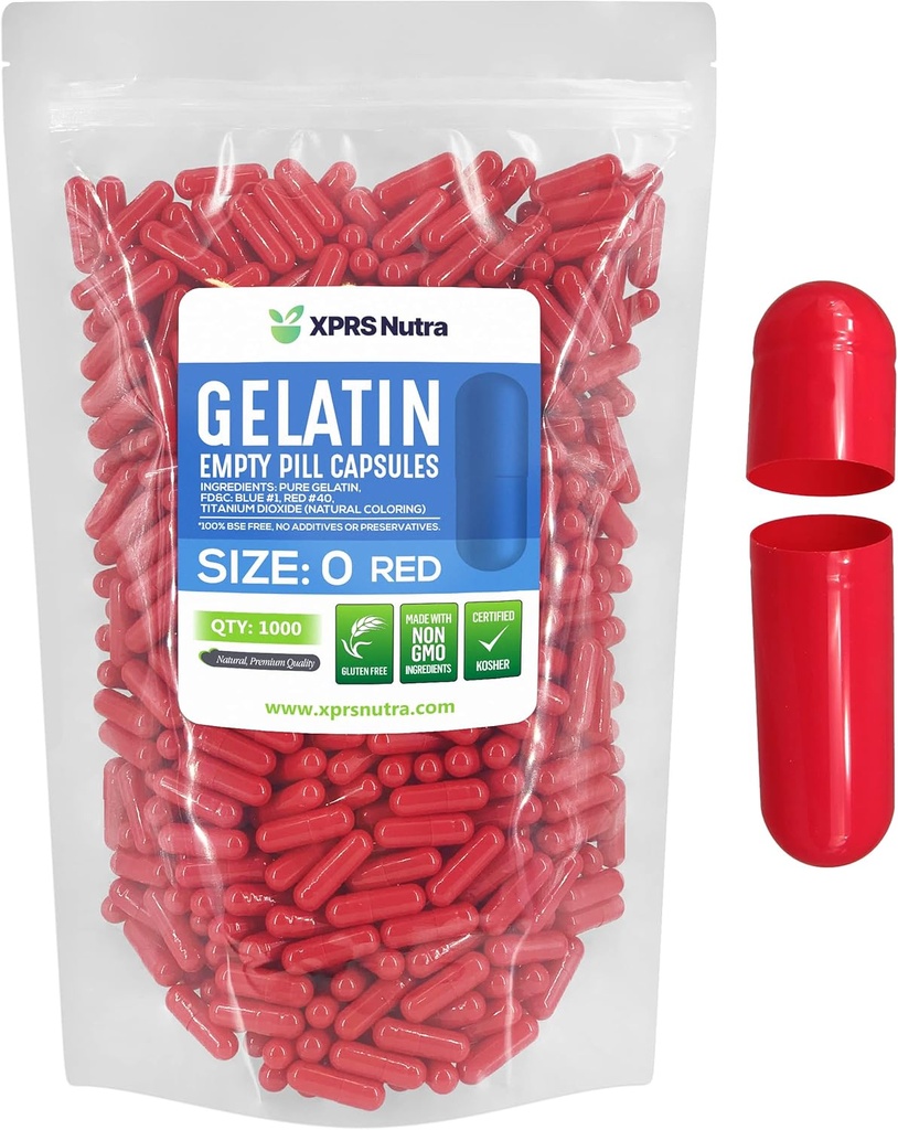 XPRS Nutra Ukuran 0 Kosong Capsules - 1000 Cacah Katup Gelatin Kosong - Pil DIY Filling - Capsule Pill Gel Pure Pure untuk Doit- Yourself Suplemen (Merah)