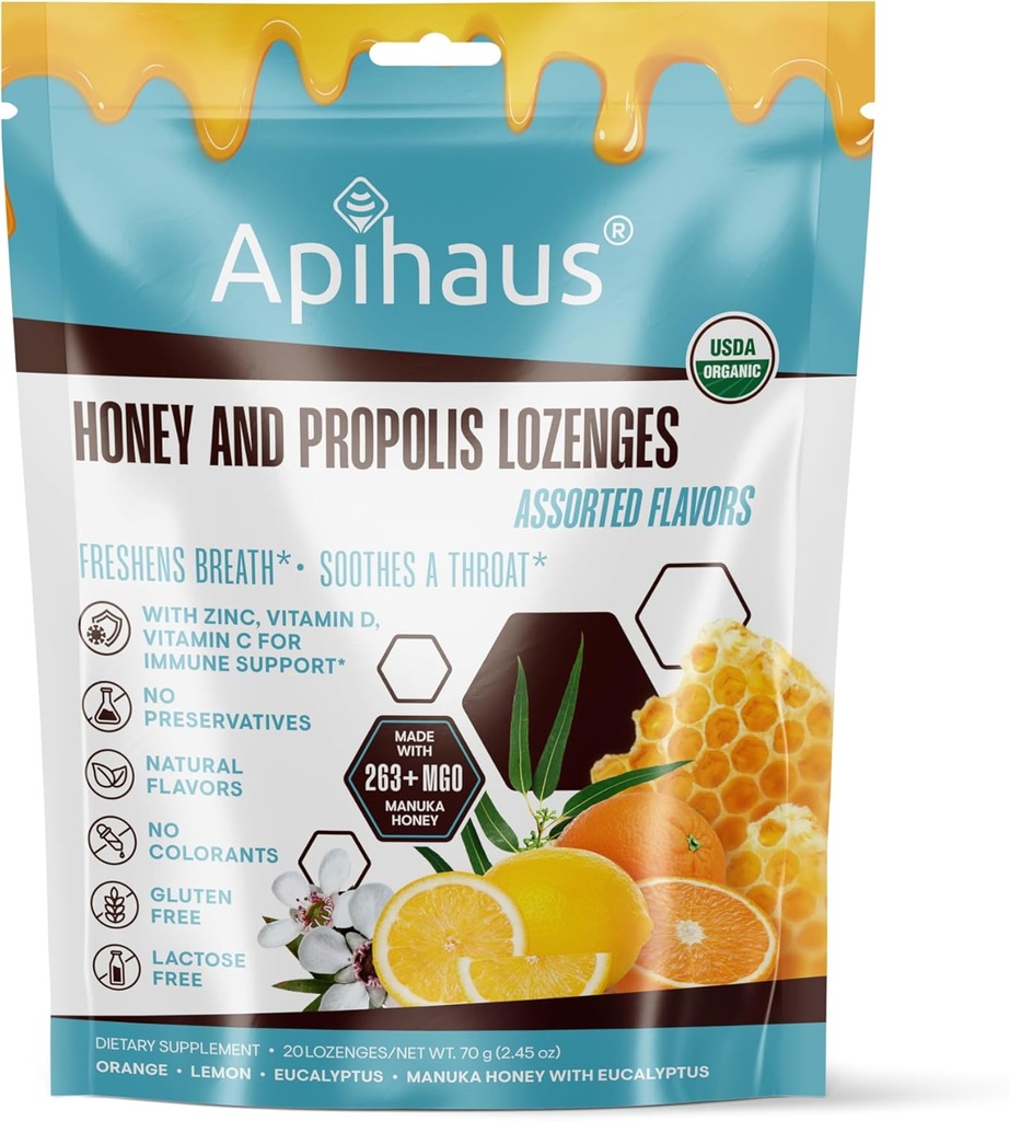 Honey and Propolis Lozenges Asported Flavors, Freshens Breath - Soothes a Throat - Imune Support with Vitamin C, Vitamin D and Zinc, 20 Count