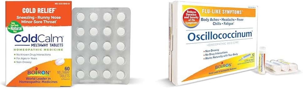 Boiron ColdCalm Tablet untuk Relief of Common Cold Sympostoms Seperti Sneezing & Oscillococcinum untuk Relief dari FluLike Gejala Tubuh Sakit Kepala, Demam, Chills, dan Fatigue - 12 Count