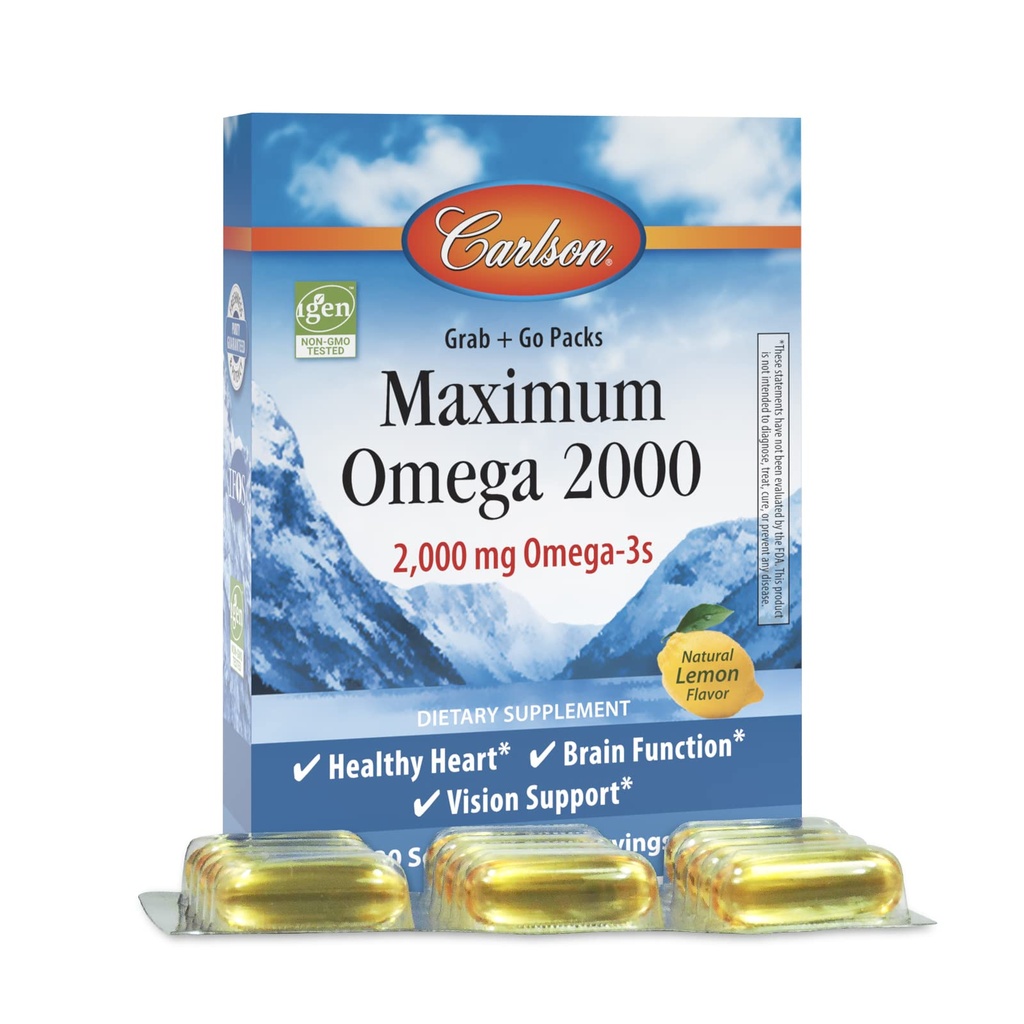 Carlson - Maksimum Omega 2000 Grab + Go Packs, 2000 mg Omega-3s, Wild- Caught, Norwegia Fish Oil Sumpable Softgel Supsules, 30 Softgel Pack