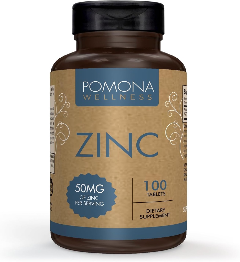 Suplemen Pomona Wellness Zinc Untuk Orang Dewasa, 50mg, Skin Health And Immune Dukungan, Easy To Swallow, Untuk AntioxidanOverall Health, Vegan, Non- GMO, 100 Tablet