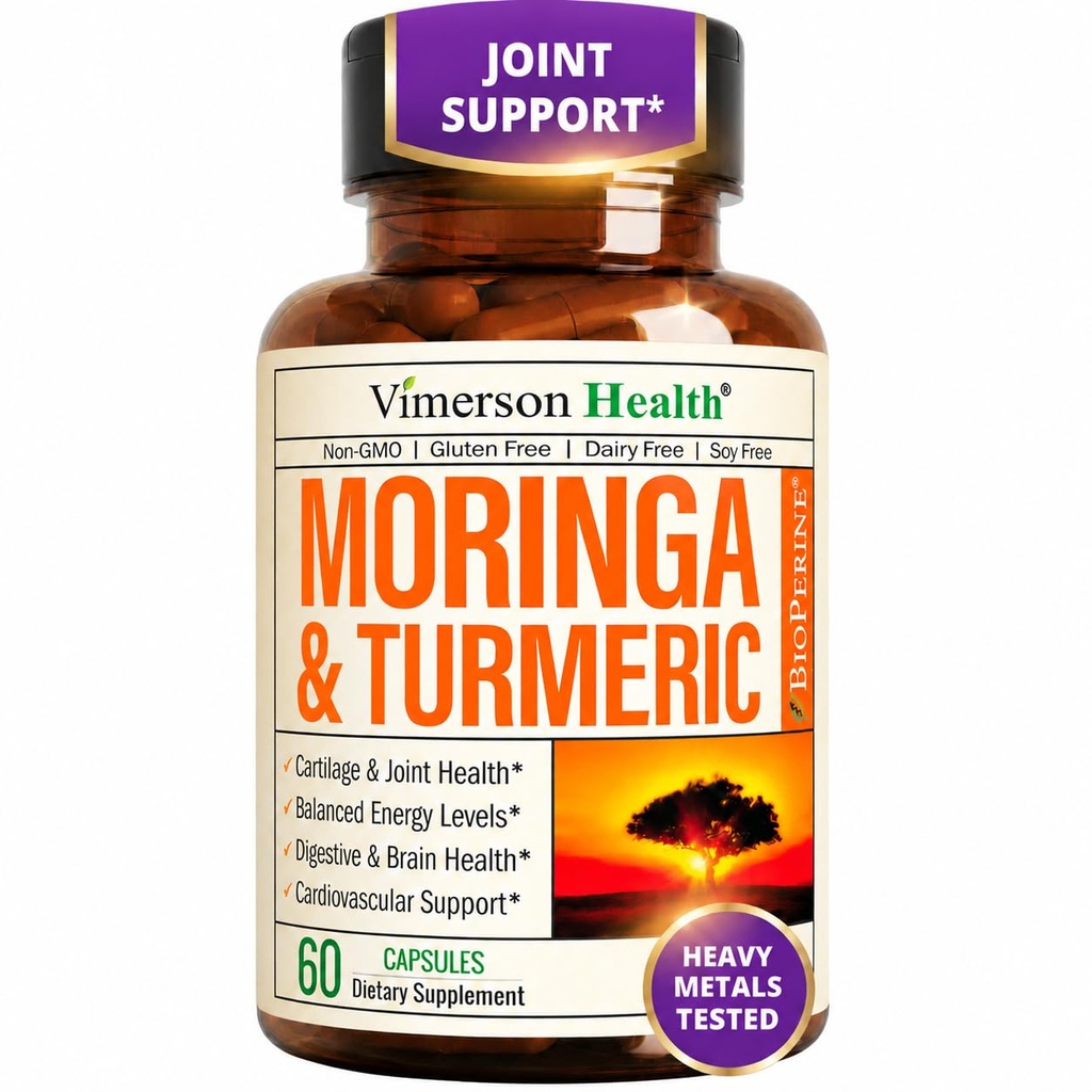 Tambahan Kurcumin Moringa + Turmeric untuk Kesehatan Gabungan, Kesehatan Gut, Energi dan Kebal Dukungan - Total Wellness Formula - Curcumin Tumeric dengan Pepper Hitam & Moringa Pure Capsules - 60 Cacah