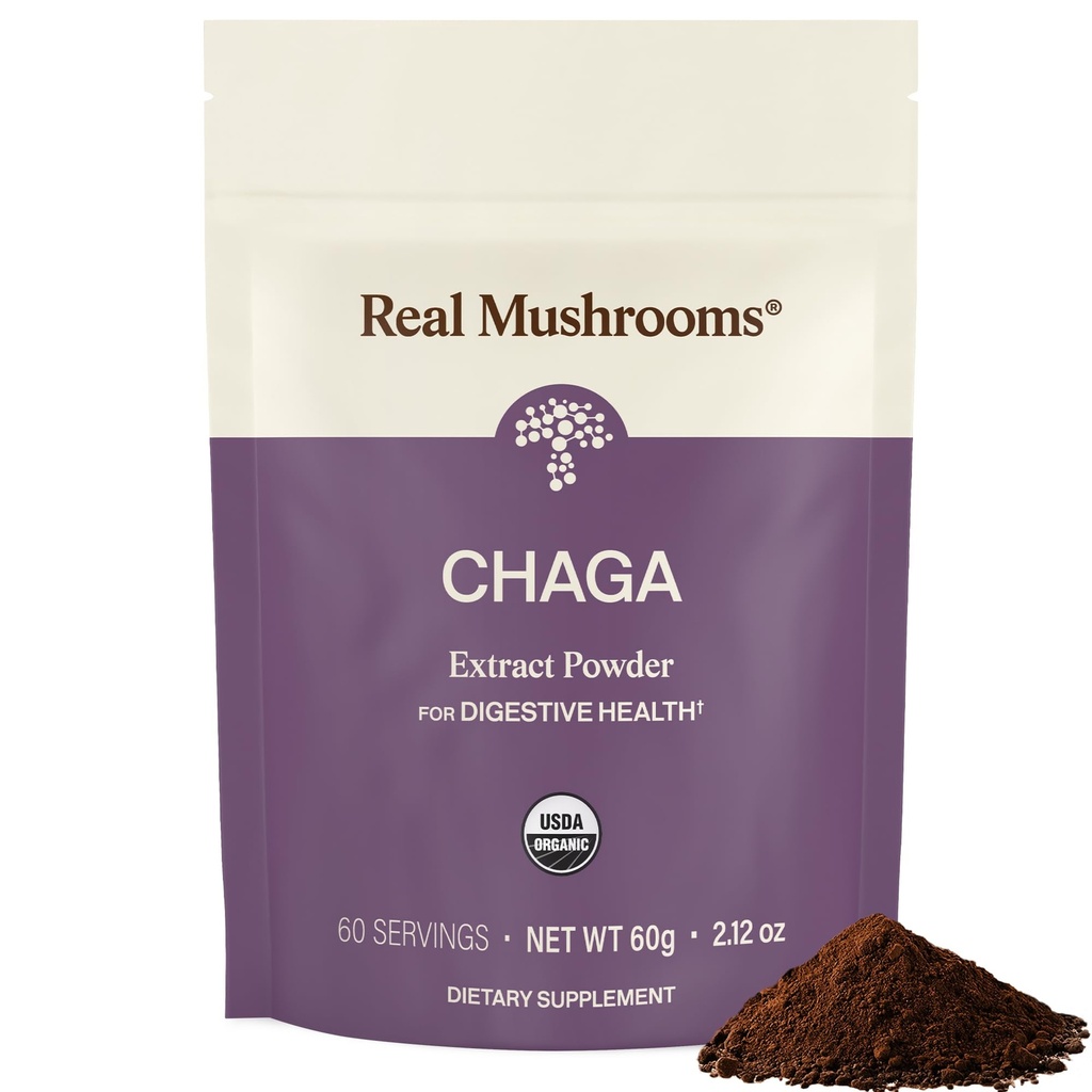 Jamur asli Chaga Mushroom Powder - Ekstrak Organik Chaga dari Fruiting Body - untuk dukungan Daily Wellness & Energy - Vegan, Non-GMO, 60 Servis Mashroom Suplemen
