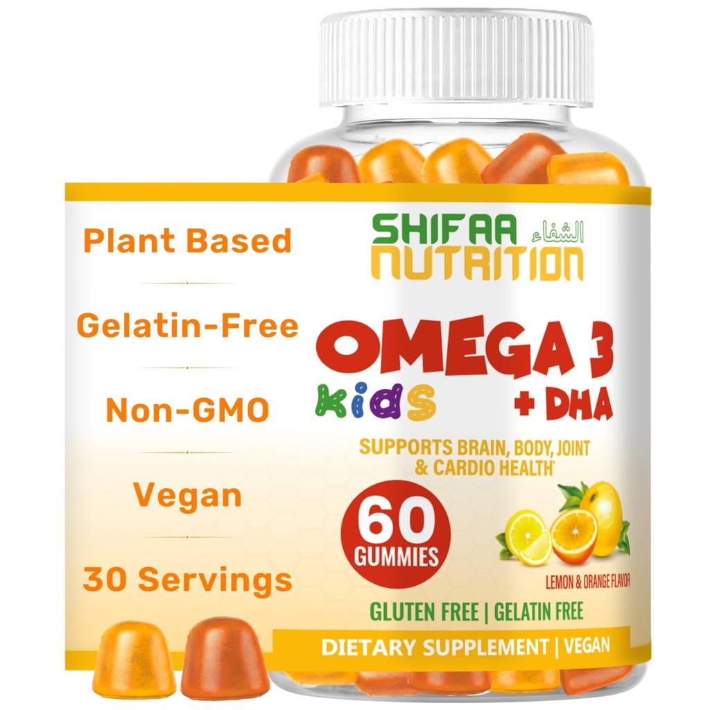 SHIFAA NUTRITITION Halal Omega 3 untuk Anak-anak dengan DHA Gummies for Brain Development, Heart & Imune, Plant-Based, Non-GMO, Algae-Hased DHA, Gluten & gelatin- Free Kid Omega 3 Gummies, 30 Pegawai