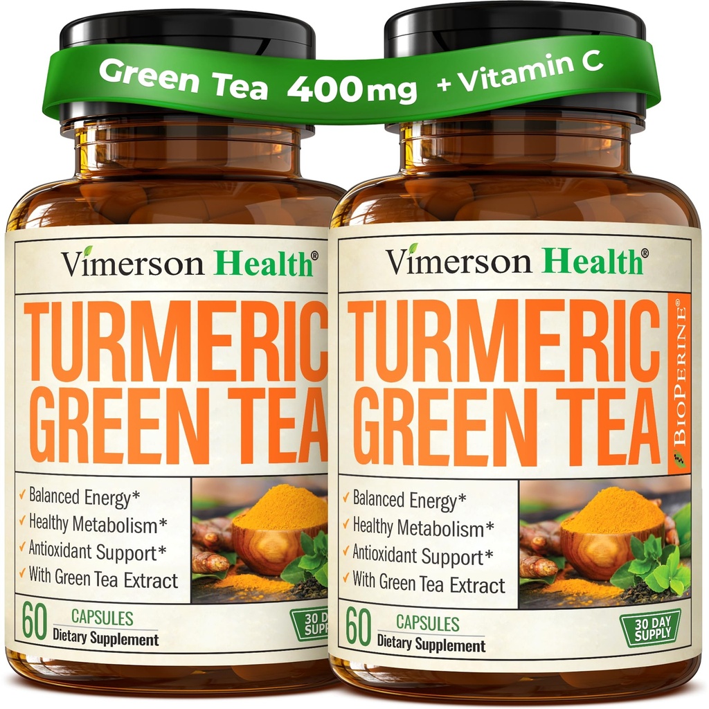 Suplemen Curcumin Turmeric dengan Ekstrak Teh Hijau (ECGC) & Vitamin C untuk Kesehatan Gabungan, Energi & Inflammation Keseimbangan Organik Tumeric Curcumin dengan Lap Hitam - Gluten- Free, Non-GMO. 2- Pack