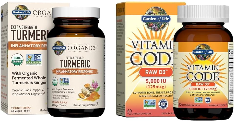 Garden of Life Turmeric Inflammatory Response & Vitamin D3 Raw Whole Food Suplemen, 60 Tablet & 60 Capsules