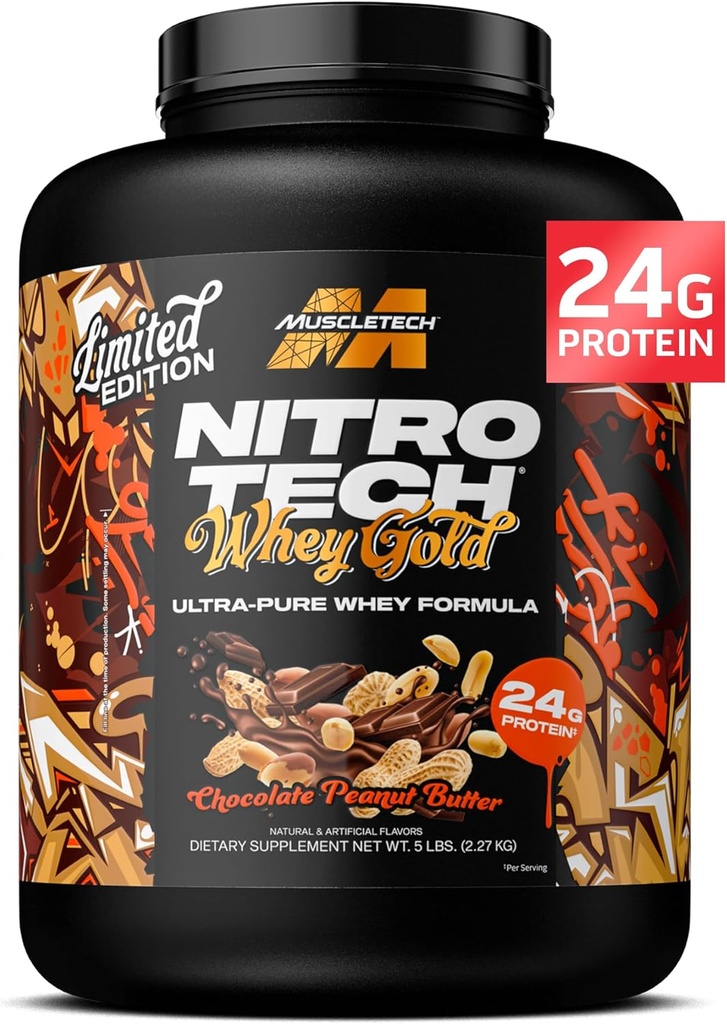 MuscleTech Whey Protein Powder (Chocolate Peanut Butter, 5LB) - Nitro- Tech Whey Protein Isolate Smoothie untuk Lean Muscle & Fast Recovery - 24g dari Whey Gold Protein for Women & Men - Glutenthie-Free