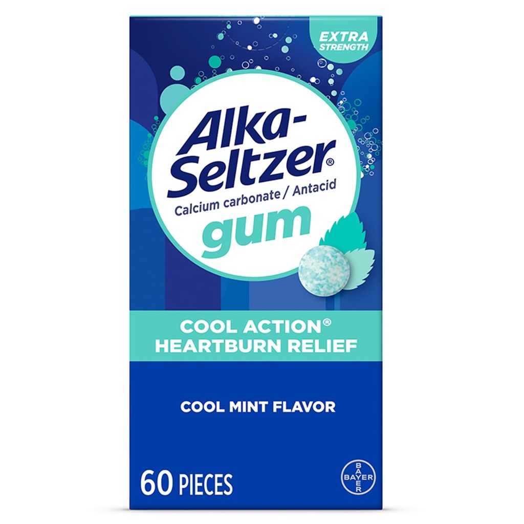 Alka- Seltzer Cool Action Heartburn Relief Gum, Ekstra Kekuatan Gum Antax, Intrable Acid dan Upset Stomach Relief, No Chalky Taste, Cool Mint Flavor, 60 Count