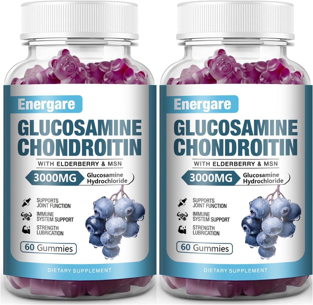 2 Pack 3000mg Glucosamin Chondroitin dengan MSM Gummies & Elderberry, Ekstra Kekuatan Gabungan Kesehatan, Fleksibilitas, Antioksidant, Imune Supplemen untuk Dewasa, Pria & Perempuan 120 Negara