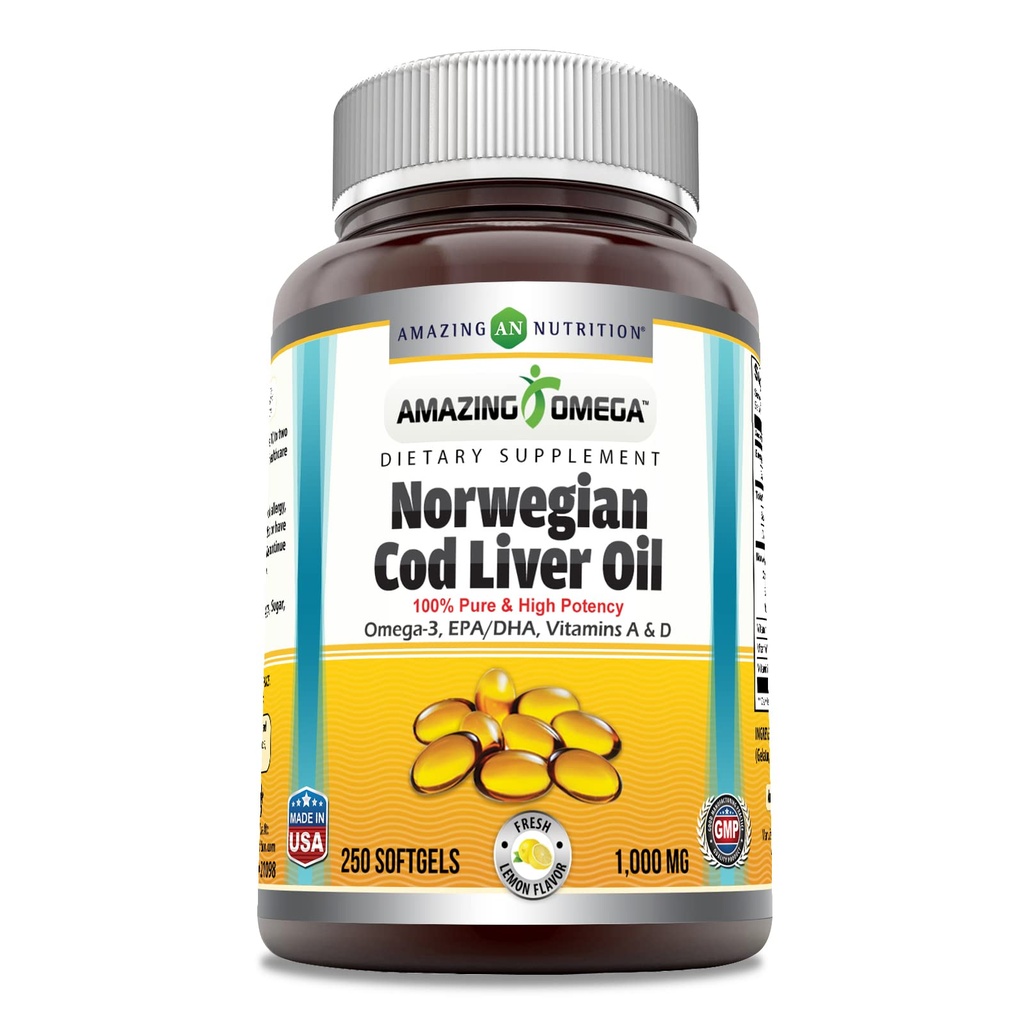 Amazing Omega Norwegia Cod Liver Oil 1000 Mg 250 Softgels 126; Lemon Flavor