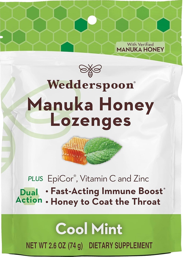 Wedderspoon Manuka Honey Imunity Lozenges, Cool Mint, 2.6 Oz (Pack of 1), Genuine New Zealand Honey, Boost Immunity Dalam Dua Jam