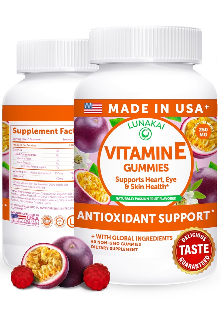 Lunakai USA Made Vitamin E Gummies 400IU with Vitamin C - Delicious, Vegan, Non-GMO Suplemen untuk Daily Skin & Eye Dukungan, 60ct