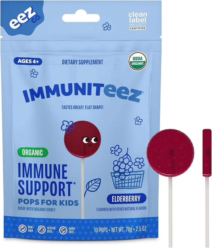 Imuniteez Organic Elderberry Lollipops for Kids - Imune Dukung dengan Vitamin C, D, E, Zinc and Organic Honey - Gluten Free Kid Vitamin - 10 Count Bag