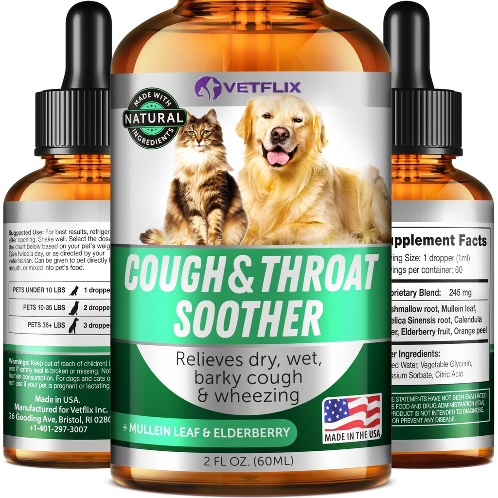 Perawatan Kennel Cough untuk Anjing & Kucing - Dibuat di Amerika Serikat - Alergy & Cat Ashma Relief - Mullen Leaf & Elderberry Blend - Dry, Wet & Barky Cough Relief for Dogs & Cats - All Breeds & Sizes - 2 Fl Oz