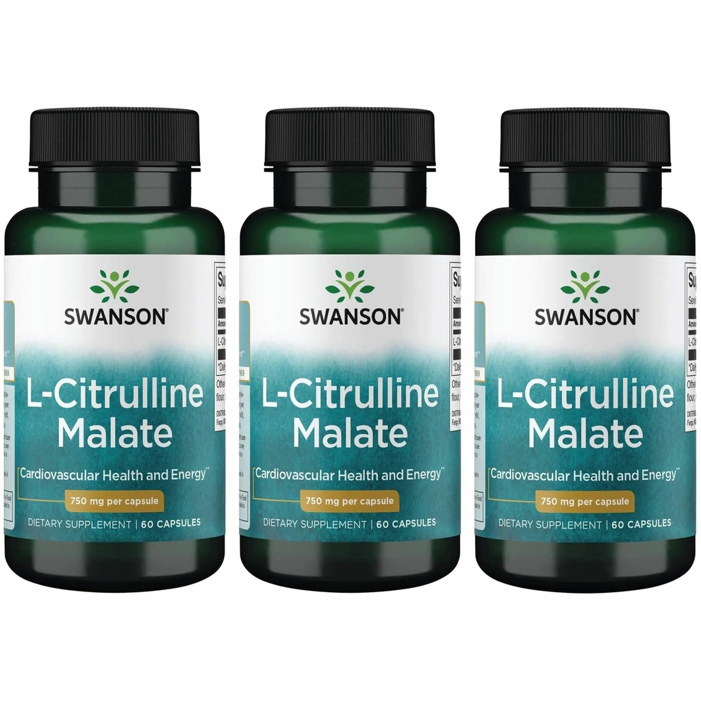 Swanson L-Citrulline Malate - Amino Acid Produksi Produksi Energi & Sehat Darah Sirkulasi - Natural Formula Mendukung Seluruh Wellness - (60 Capsules, 750mg Masing-masing) (3 Pack)